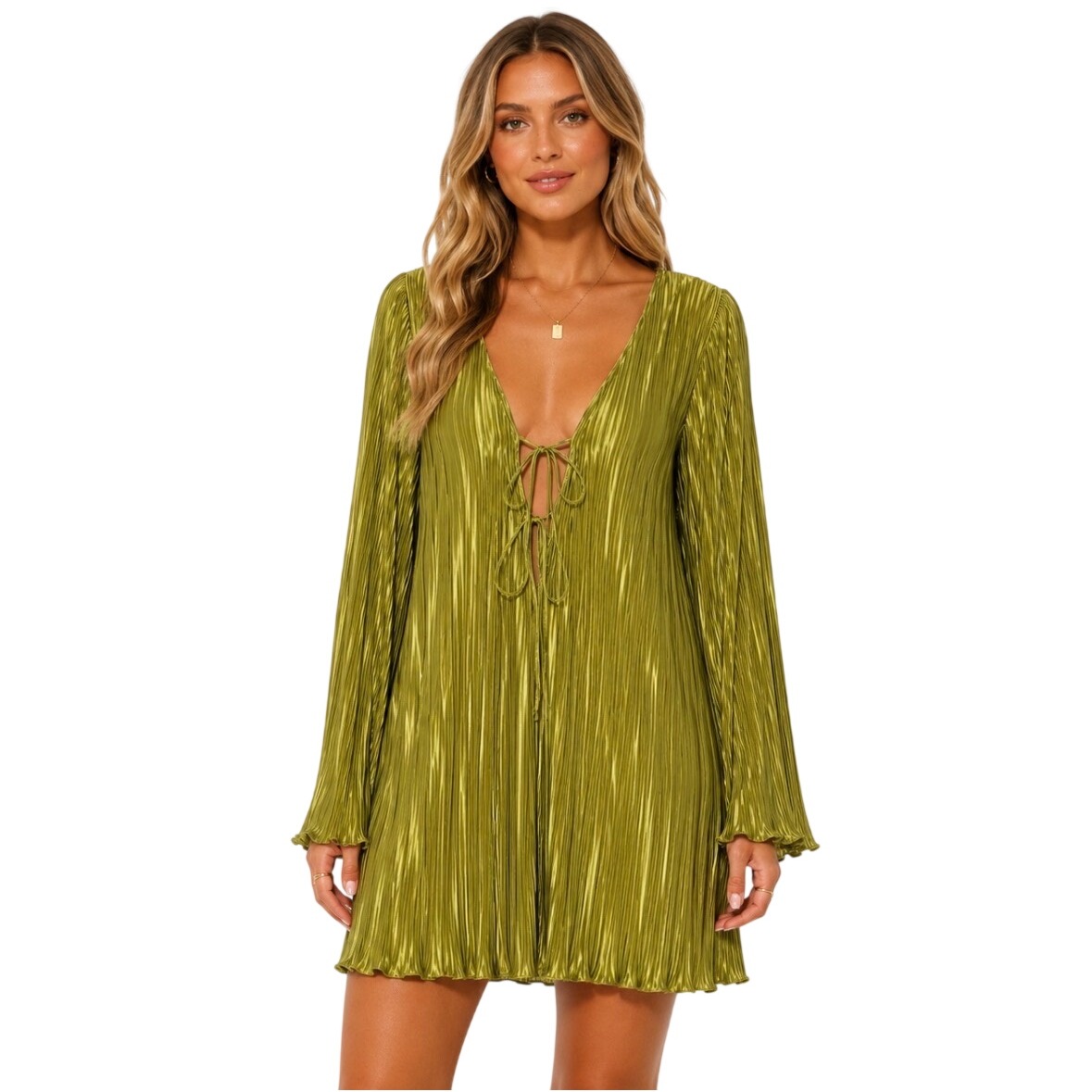 Hello Molly Lime Green Pleated Mini Dress Us 10 Long Sleeve Tie Front V-Neck